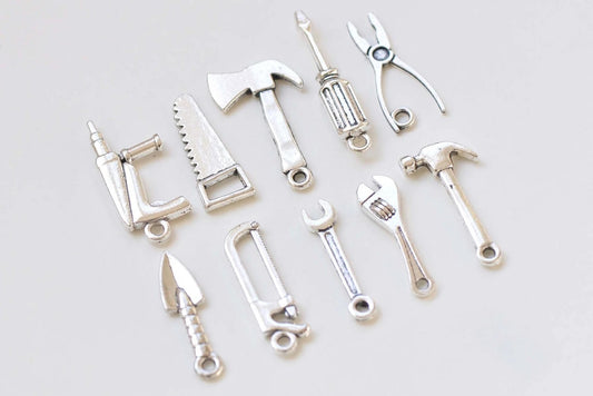 10 Pcs Metal Axe Spanner Saw Electric Drill Shovel Screwdriver Wrench Hammer Pliers Antique Silver Tool  A One Gift Collection