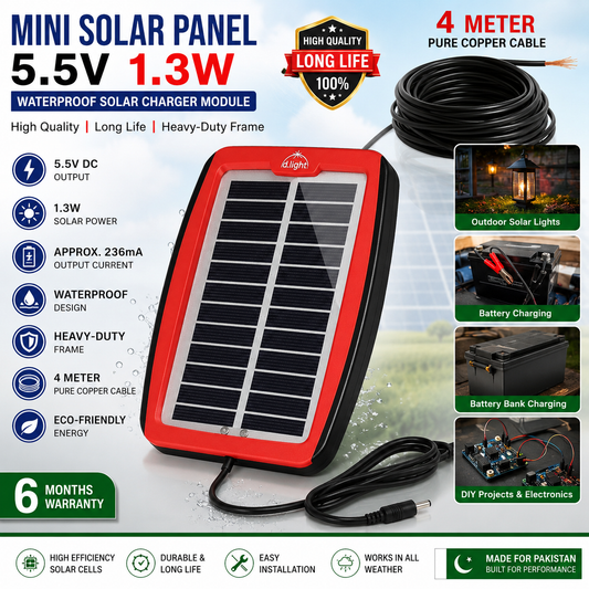 5.5V 1.3W Mini Solar Panel Waterproof with 4 Meter Pure Copper Cable | High Quality Long-Life Solar Charger for Outdoor Lights, Battery Charging & DIY Projects