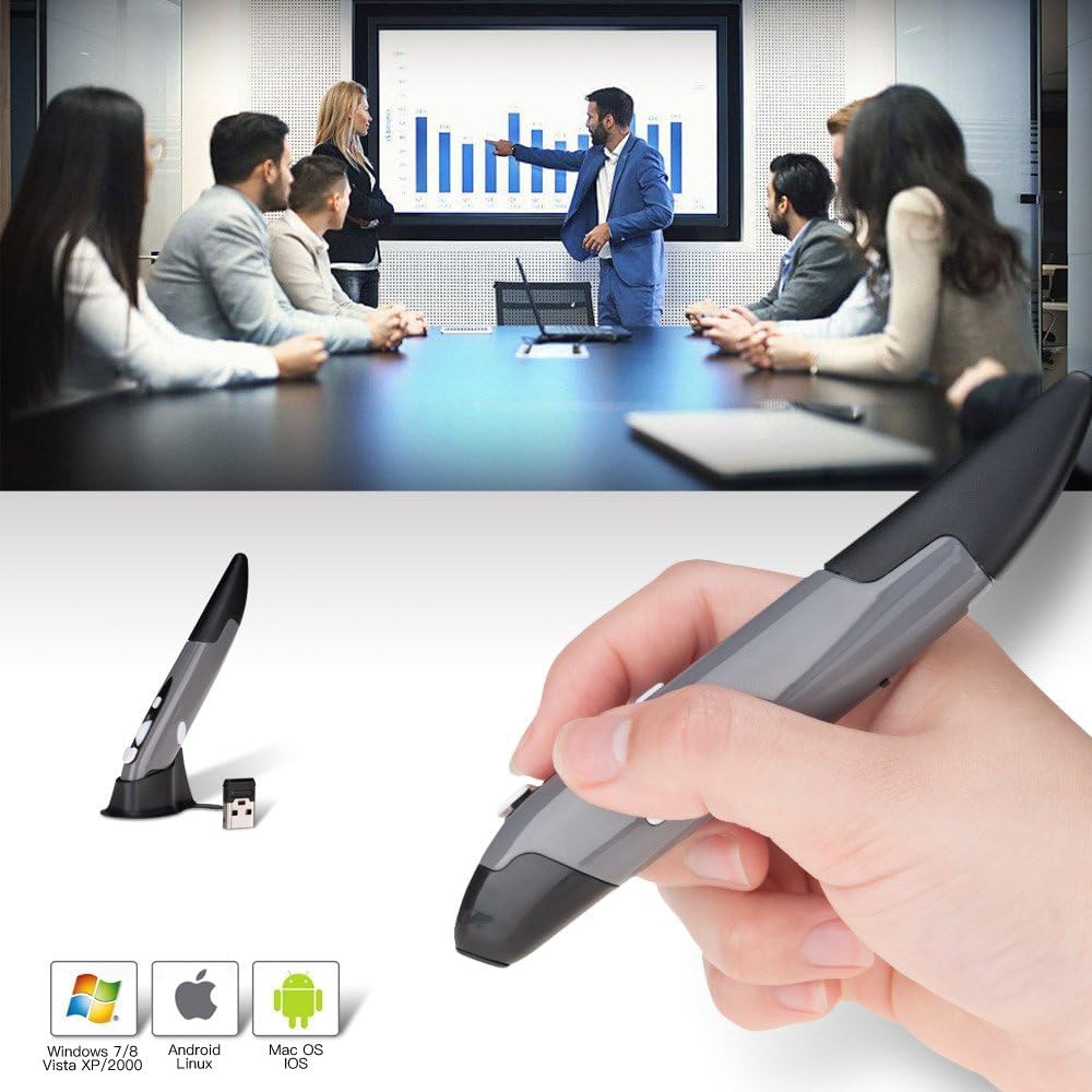 Wireless Optical Pocket Pen Mouse, 2.4GHZ USB 800/1200 DPI Adjustable Handwriting Mini Air Mice for PC Laptop Notebook Computer Mac Mobile  Tab (Grey)