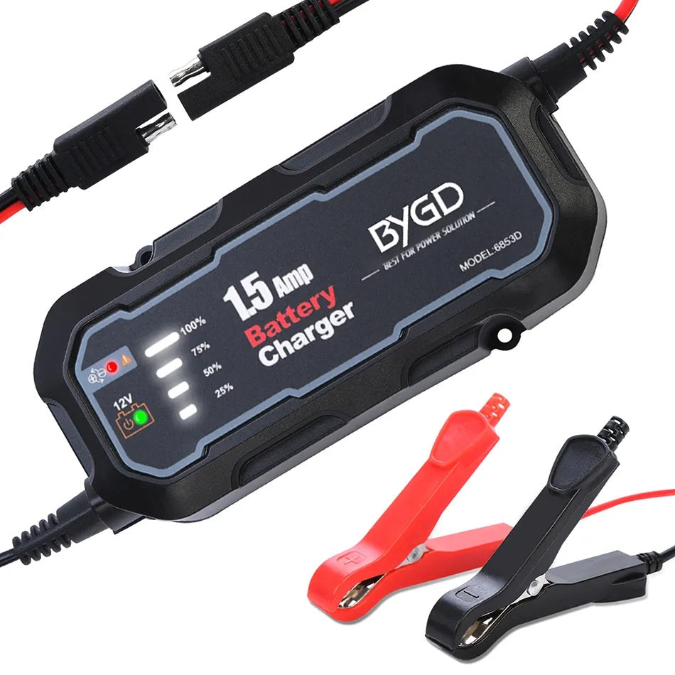 BYGD 12V 1.5A Smart Battery Charger Automatic Lead Acid Battery Maintainer for Car Motorcycle Truck | AGM GEL SLA Battery Charger | Short Circuit Protection