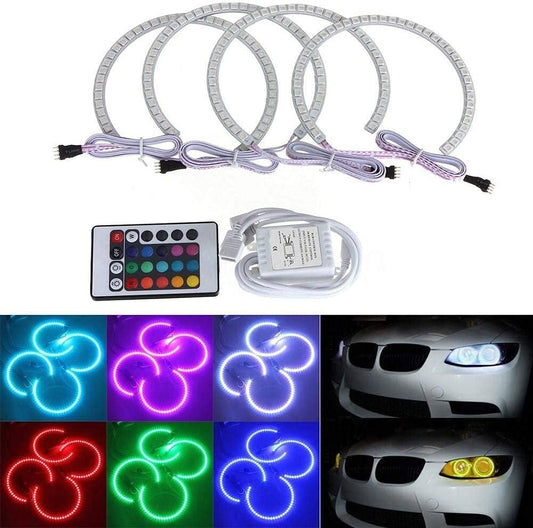 4 PCS 131MM RGB LED Angel Eye Halo Rings for BMW E46 E38 E39 3/5/7 Series – 5050 SMD Multi-Color Headlight Kit with IR Remote Control (16 Colors)