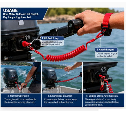 Safety Boat Motor Outboard Kill Switch Key Lanyard Ignition Red Universal Emergency Stop Safety Tether for Marine Boats