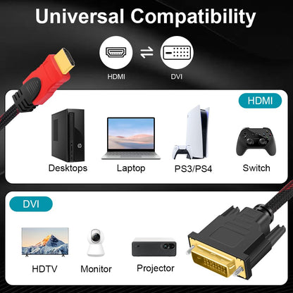 Branded HDMI to DVI Cable 2M (24+1 Pin) – Full HD 1080p Gold Plated Connector | Premium Quality Video Converter Cable