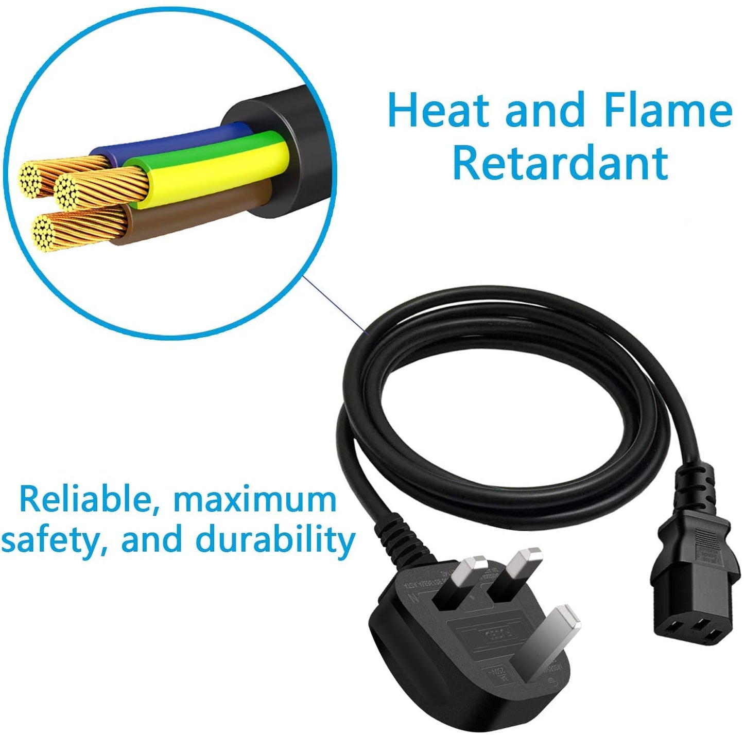 Heavy Duty 3 Meter UK 3-Pin Plug to IEC C13 Power Cable – 10A 250V High Quality Mains Lead for PC, Monitor, Printer & Electronics