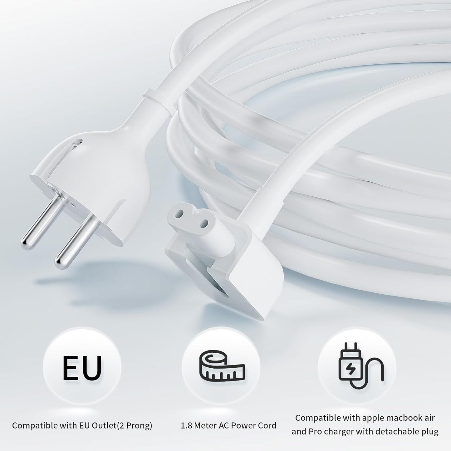 2 meter Extension Wall Cord Plug Eu Euro European Union Standard for Macbook 11 Inch 13 Inch 60w Macbook Pro 15- Or 17-inch 85w Power Adapter
