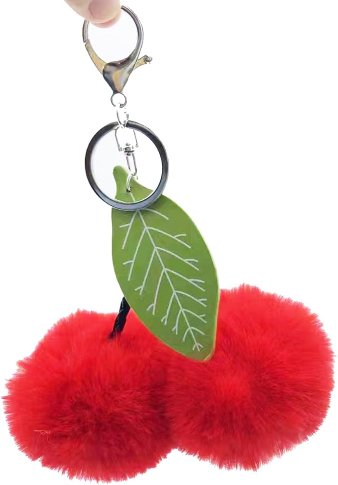 Cute Cherry Faux Pom Pom Soft Fluffy Ball Key Chain Car Keying Bag Wallet Pendant Ornament (Red)