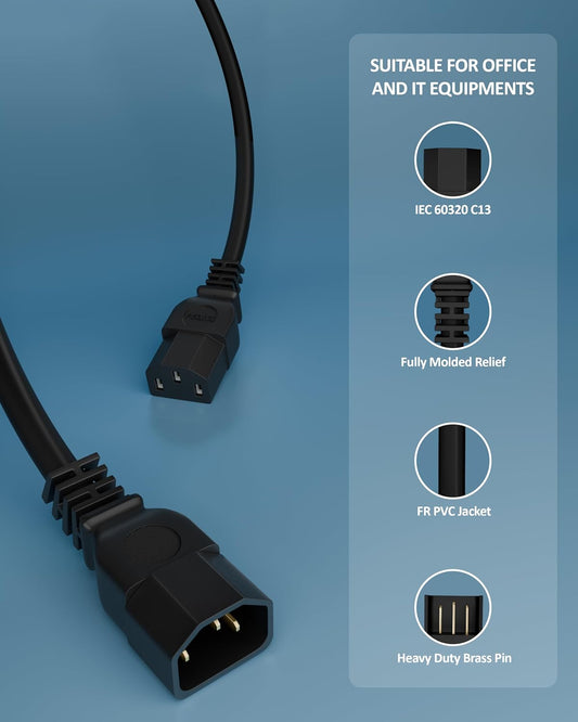 🔌 Male To Female Branded IEC C13 to C14 Link Power Cable – Heavy Gauge Power Extension Cord | 250V 10A | for Computer, Printer, SMPS, Monitor, Server, Display UPS - Heavy Gauge