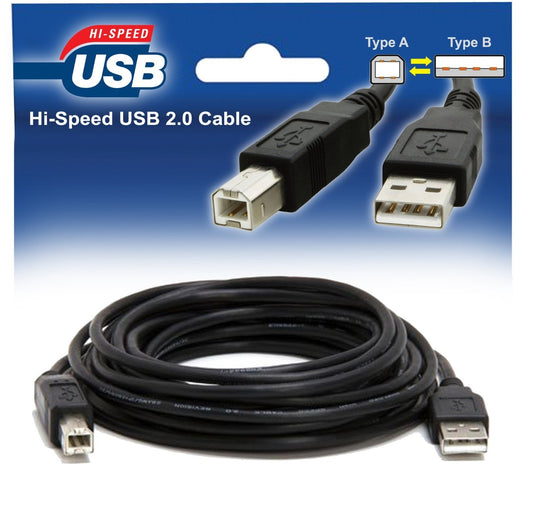 USB Printer Cable, USB 2.0 A to B Lead. Compatible with printers and scanners and all other USB A/B devices, Black USB Cable