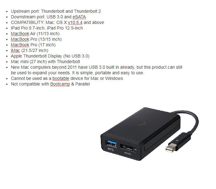 Kanex Thunderbolt to eSATA + USB 3.0 Adapter for Apple
