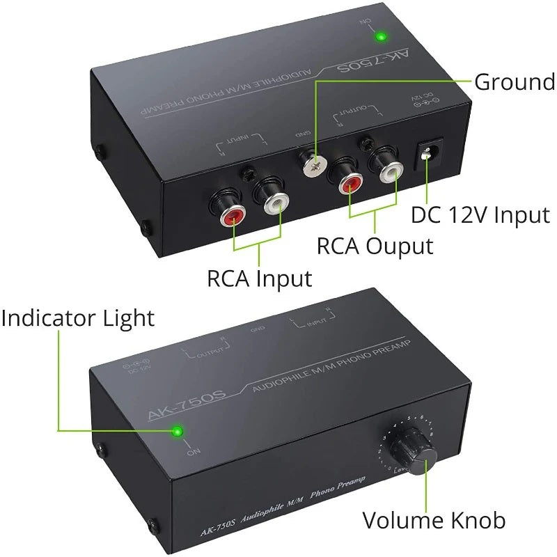Generic Phono Preamp, AK-750S Audio Fan M/M Phono Preamp Amplifier, Level Control Preamp Amplifier RCA Input Output Interface US/EU Plug Adapter European Regulations