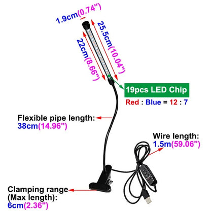 LED Plant Grow Light Red Blue Spectrum USB Clip-On Lamp – 5 Dimmable Levels Indoor Plant Growing Light with 3/6/12 Hour Timer, Dual Rod Adjustable