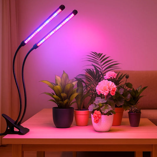 LED Plant Grow Light Red Blue Spectrum USB Clip-On Lamp – 5 Dimmable Levels Indoor Plant Growing Light with 3/6/12 Hour Timer, Dual Rod Adjustable
