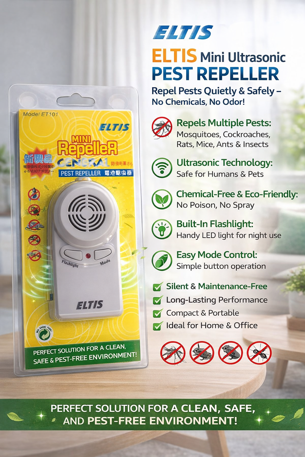🐜 Ultrasonic Pest Repeller with Charger – Advanced 4-Band Technology