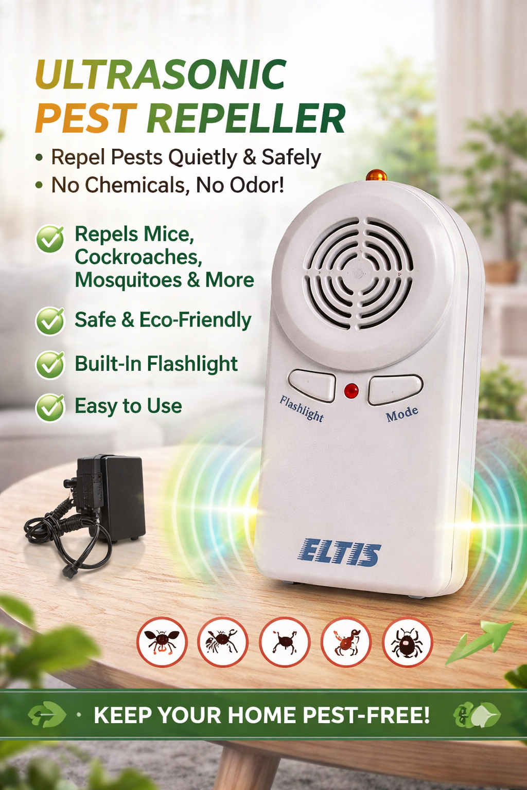 🐜 Ultrasonic Pest Repeller with Charger – Advanced 4-Band Technology