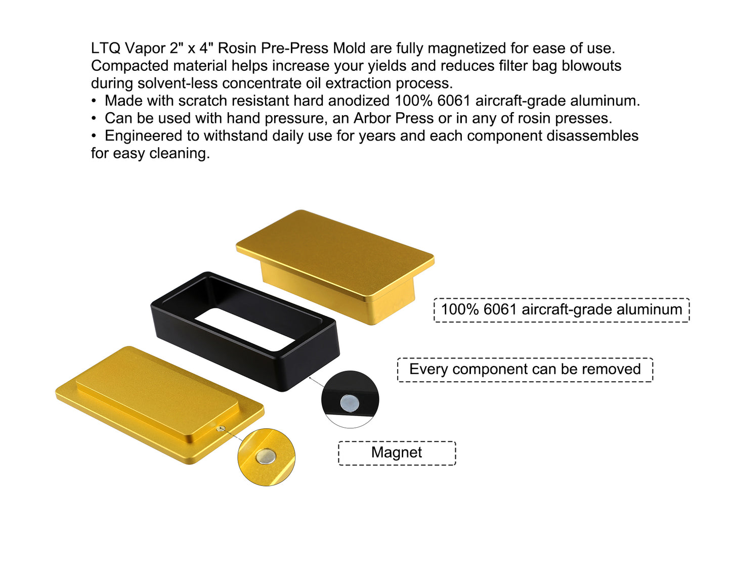 LTQ Vapor Rosin Press Mold 2×4 Inch – 6061 Aircraft-Grade Aluminum Pre-Press Mold