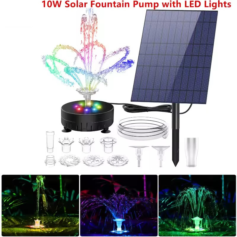 10W Solar Fountain Pump with LED Colorful Lights & 5000 mAh Battery, DIY Water Feature Kit for Outdoor with Pipe, Solar Powered Water Fountain Pump for Bird Bath, Garden, Ponds and Outdoor