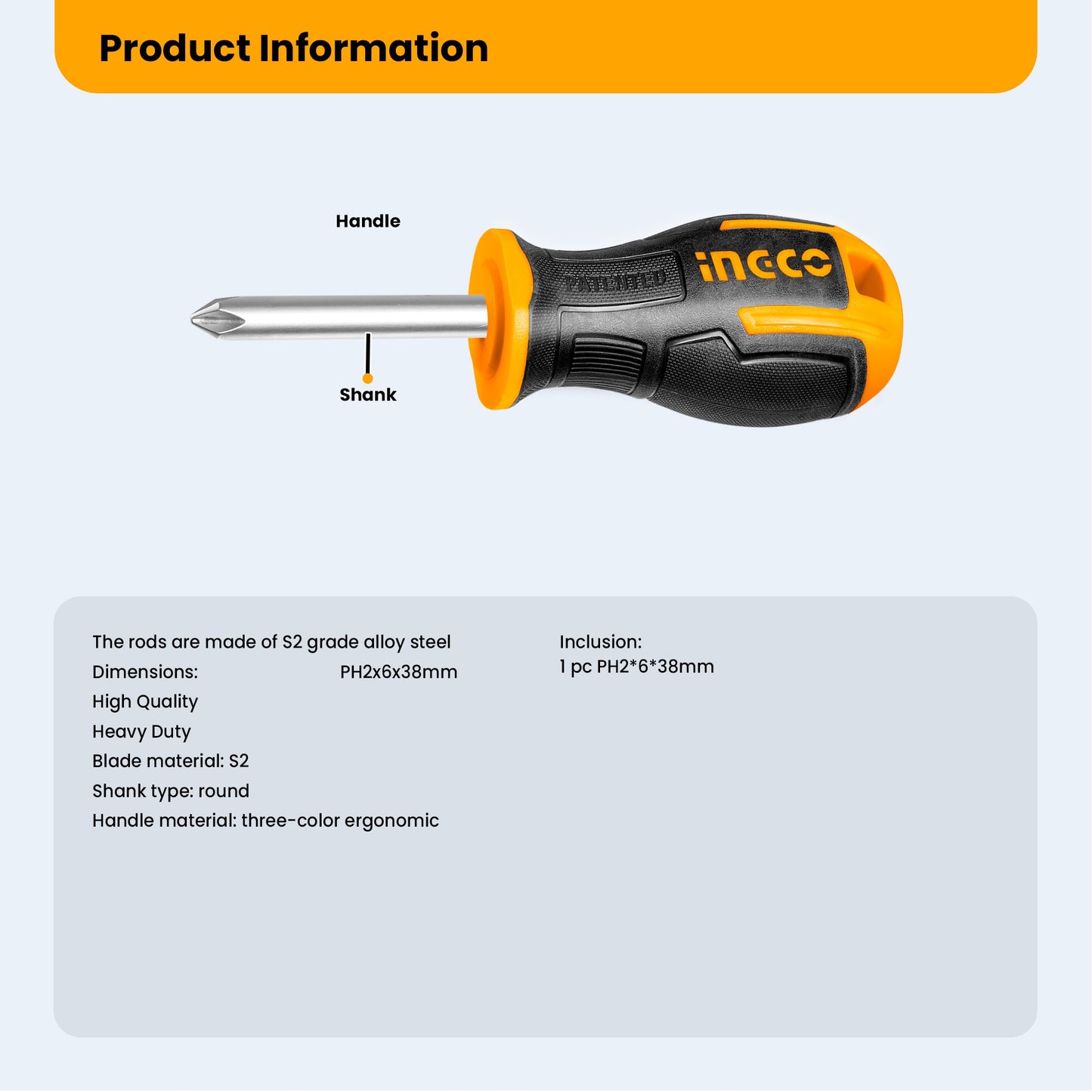 INGCO PH2 Screwdriver 6×38mm S2 Steel – Industrial Heavy Duty Round Shank (1 Pc)