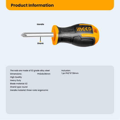 INGCO PH2 Screwdriver 6×38mm S2 Steel – Industrial Heavy Duty Round Shank (1 Pc)