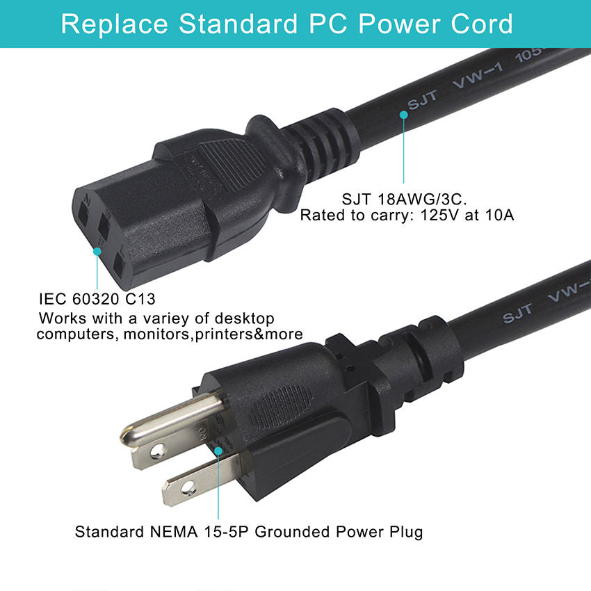 1.5M NEMA C13 Power Cable – 110V-250V 10A for PC, UPS & Monitor, featuring a standard NEMA 15-5P grounded power plug.
