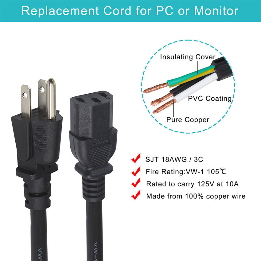 1.5M NEMA C13 Power Cable – 110V-250V 10A for PC, UPS & Monitor with 100% copper wire