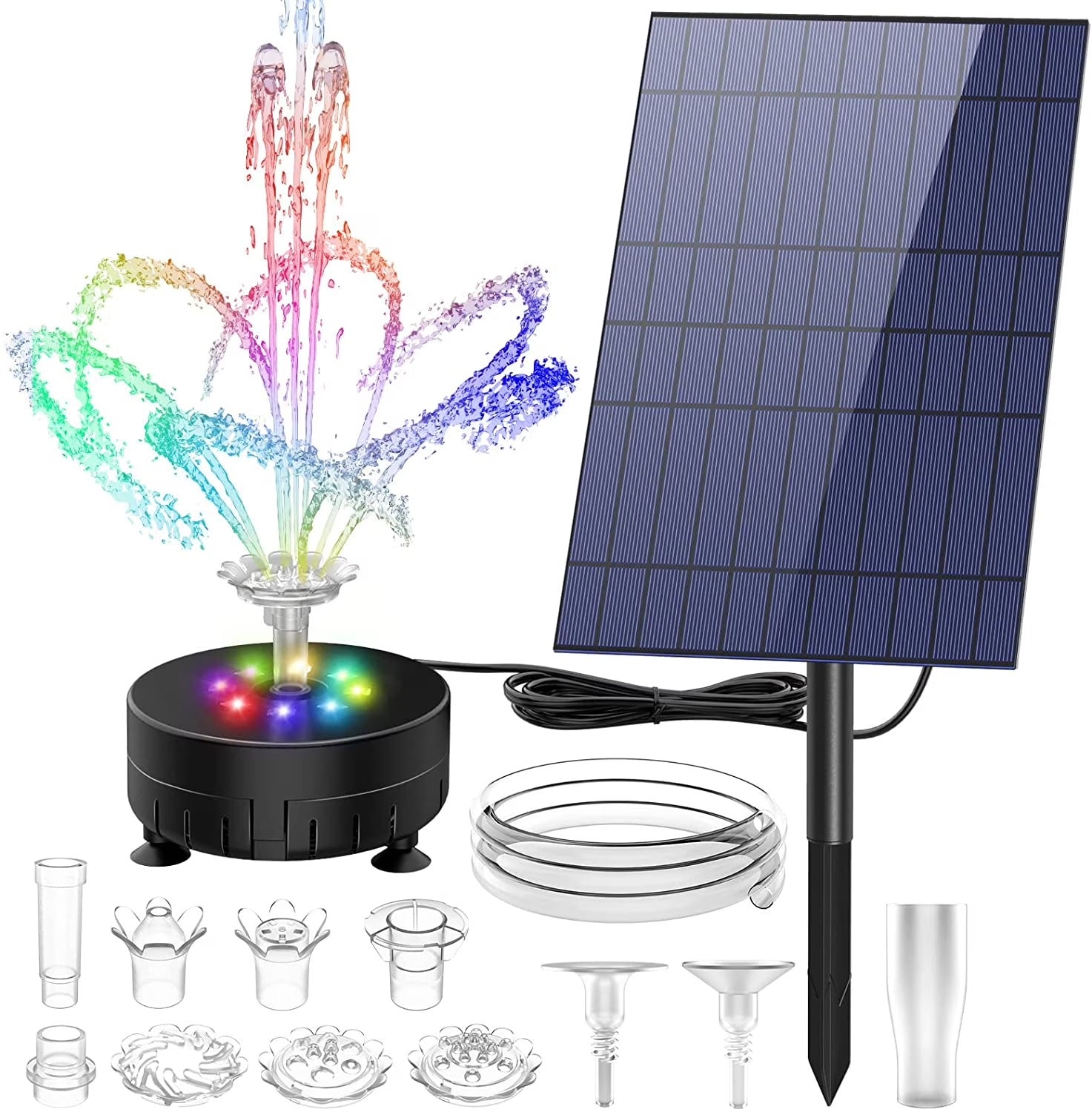10W Solar Fountain Pump with LED Colorful Lights & 5000 mAh Battery, DIY Water Feature Kit for Outdoor with Pipe, Solar Powered Water Fountain Pump for Bird Bath, Garden, Ponds and Outdoor