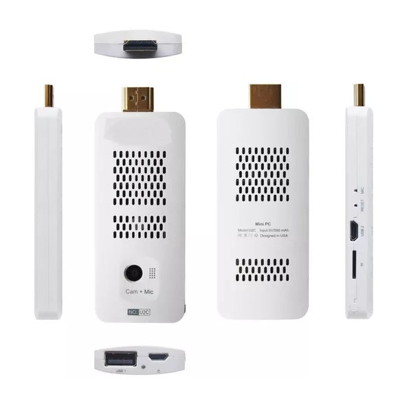 White Mini PC with multiple views showing the front, back, side, and top, featuring HDMI, USB-C, USB-A, and audio ports.