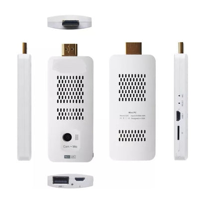White Mini PC with multiple views showing the front, back, side, and top, featuring HDMI, USB-C, USB-A, and audio ports.