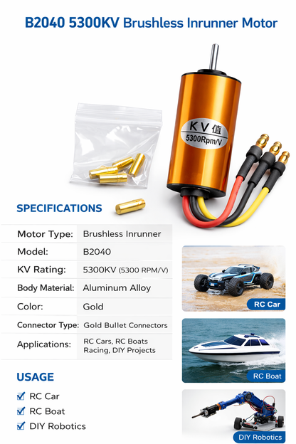 B2040 5300KV Brushless Inrunner Motor – High Speed RC Motor for Cars, Boats &amp; Racing Projects (Gold)