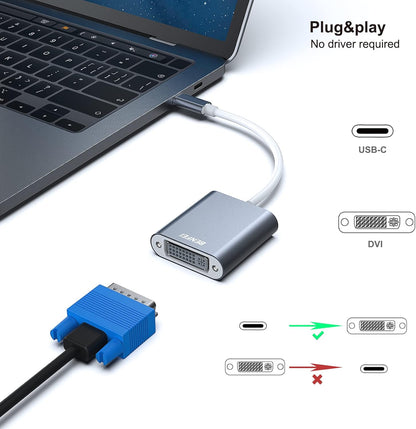 USB-C adapter with DVI and VGA connectors connected to a laptop, showing 'Plug & Play' and 'No driver required' text.
