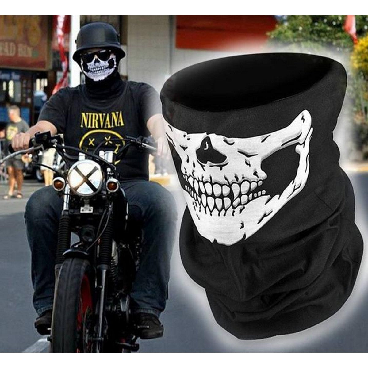 Bike riding mask Pakistan – rider wearing a red skull face mask on a motorcycle with close-up view of the skull design.