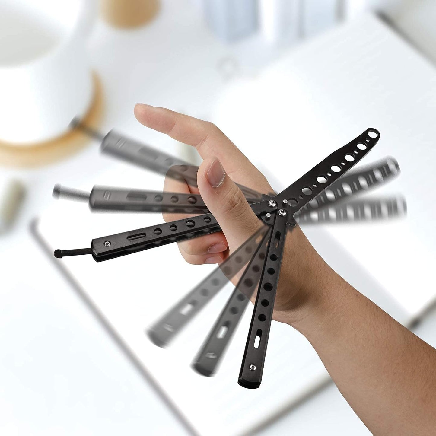 Butterfly Knife Trainer Practice Tool – Unsharpened Stainless Steel Metal Folding Balisong Practice Knife | Black