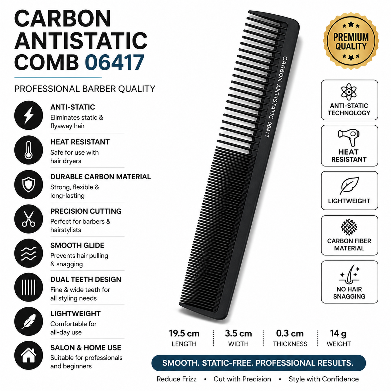 Carbon Antistatic Comb A black carbon antistatic comb shown diagonally on a white background with extensive feature callouts, icons, dimensions, and a premium quality badge. The text highlights features like anti-static, heat resistant, durable carbon material, and precision cutting.