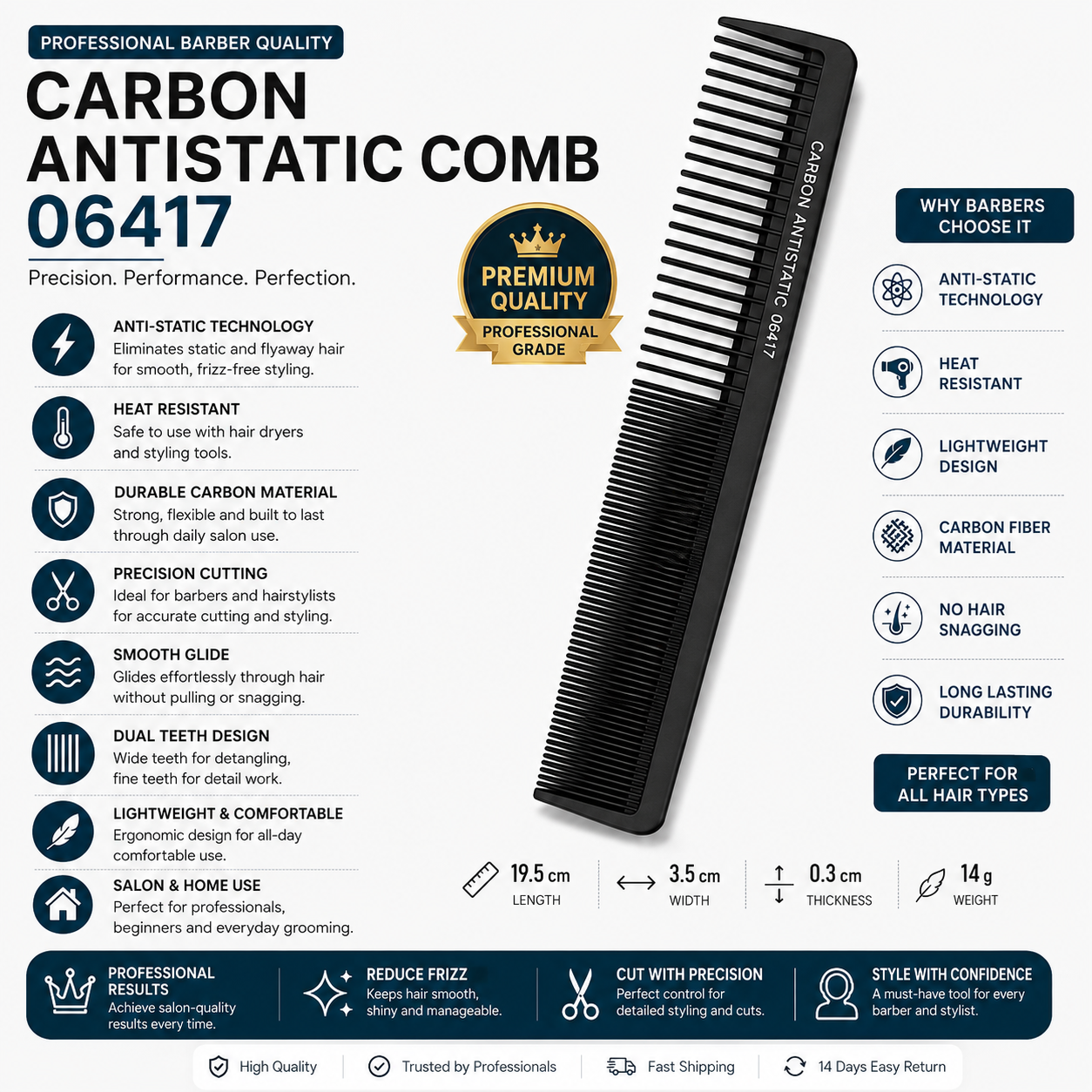 Carbon Antistatic Comb A black carbon fiber antistatic hair comb with dual teeth, shown on a white background with extensive product specifications, features, and icons. The image includes a gold 'Professional Grade' seal and a blue and white footer detailing brand quality and shipping information.