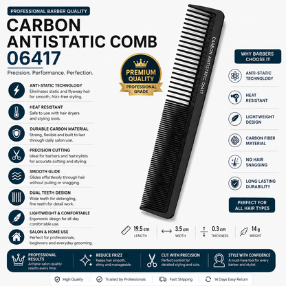 Carbon Antistatic Comb A black carbon fiber antistatic hair comb with dual teeth, shown on a white background with extensive product specifications, features, and icons. The image includes a gold 'Professional Grade' seal and a blue and white footer detailing brand quality and shipping information.