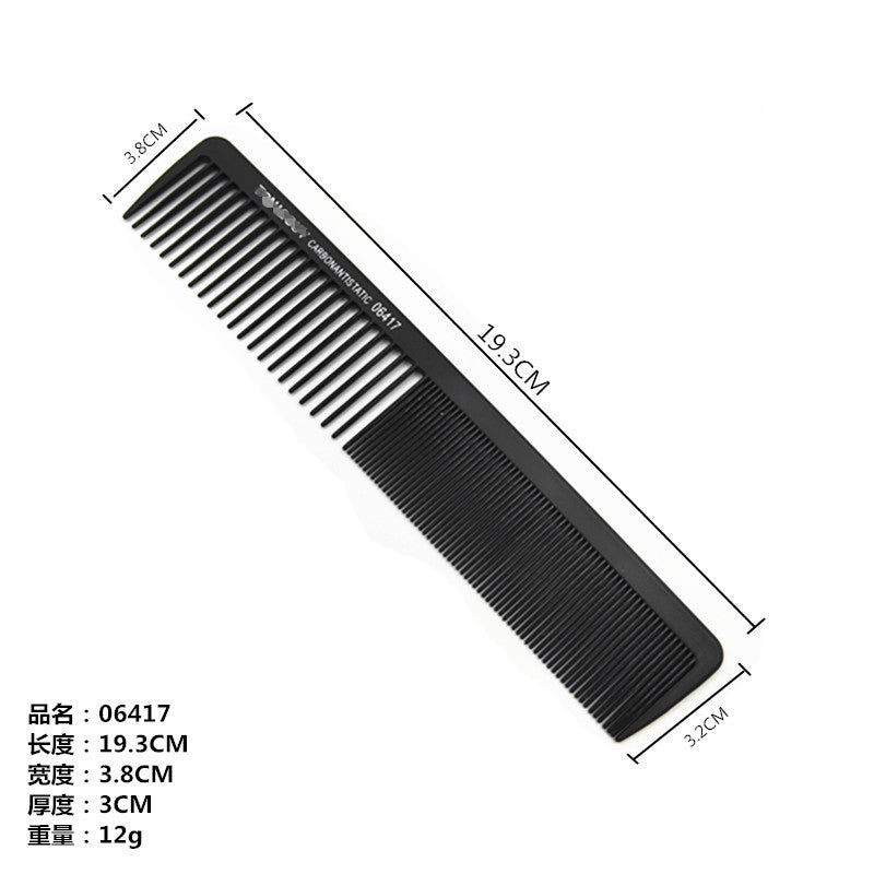 Black plastic hair comb shown diagonally on a white background with measurement lines and text indicating length 19.3 cm, width 3.