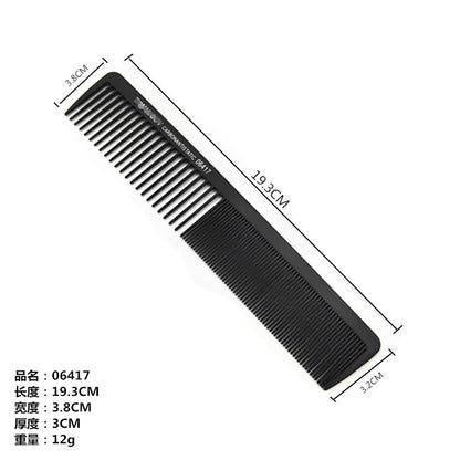 Black plastic hair comb shown diagonally on a white background with measurement lines and text indicating length 19.3 cm, width 3.