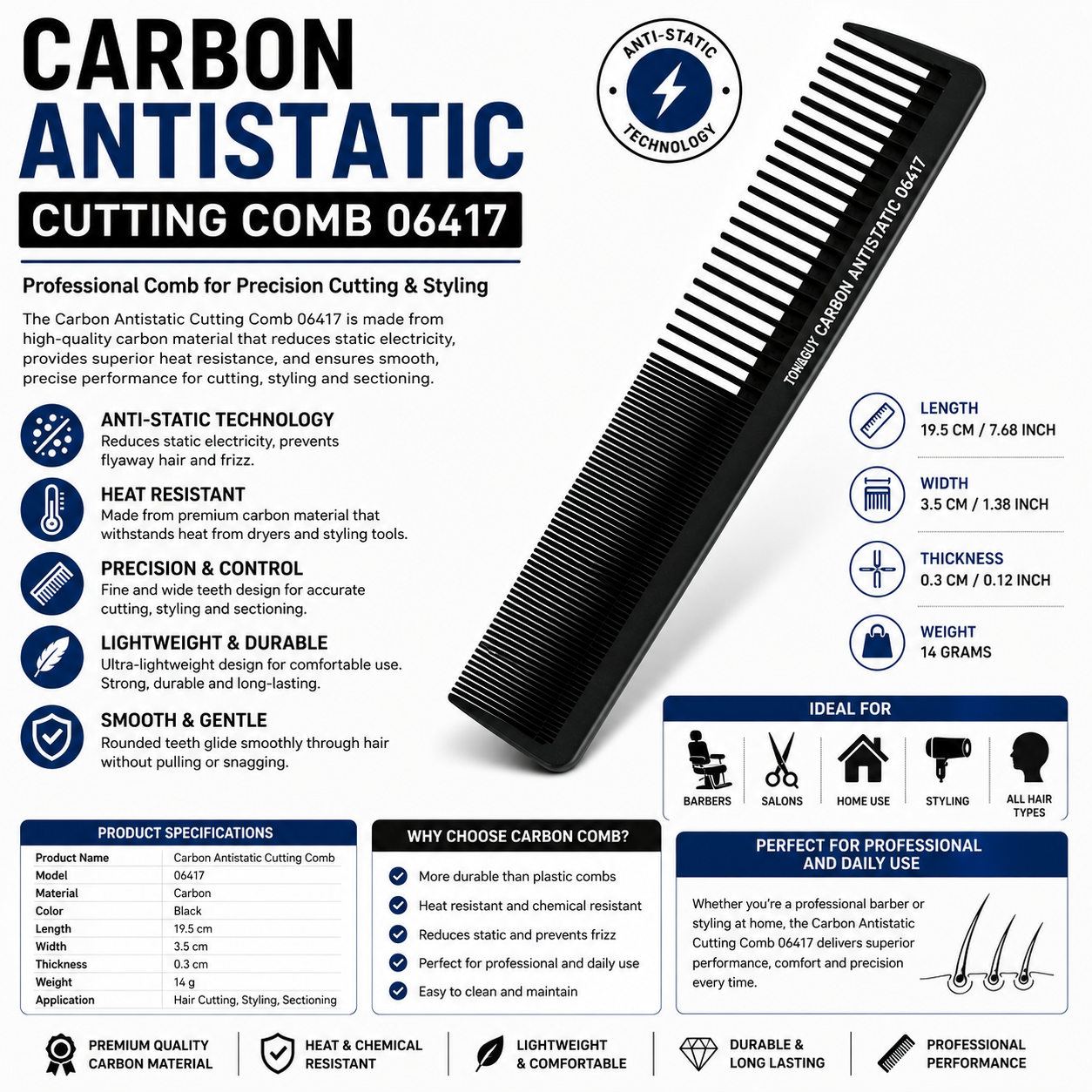 Carbon Antistatic Comb A promotional product graphic for a Carbon Antistatic Cutting Comb 06417. The comb is shown diagonally on the right side, with a black and white striped pattern.