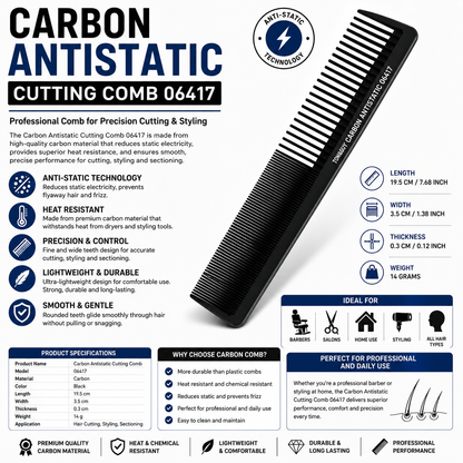Carbon Antistatic Comb A promotional product graphic for a Carbon Antistatic Cutting Comb 06417. The comb is shown diagonally on the right side, with a black and white striped pattern.
