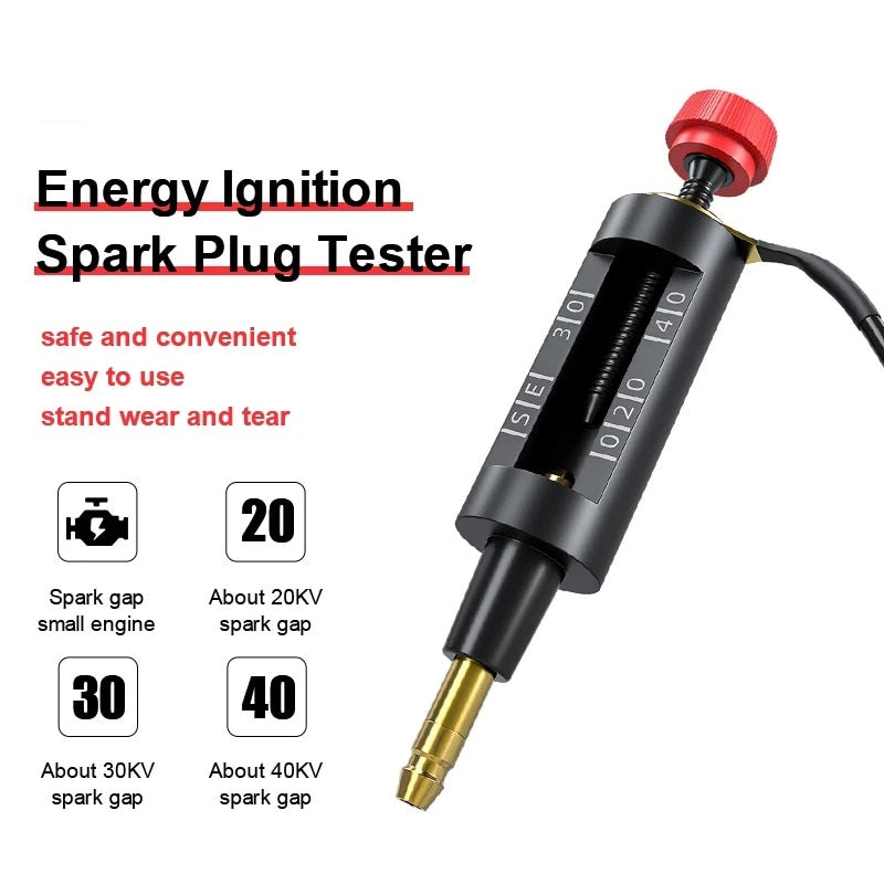 Energy ignition spark plug tester tool with a red adjustment knob, black body, and brass tip, shown on a white background with product text and feature icons.
