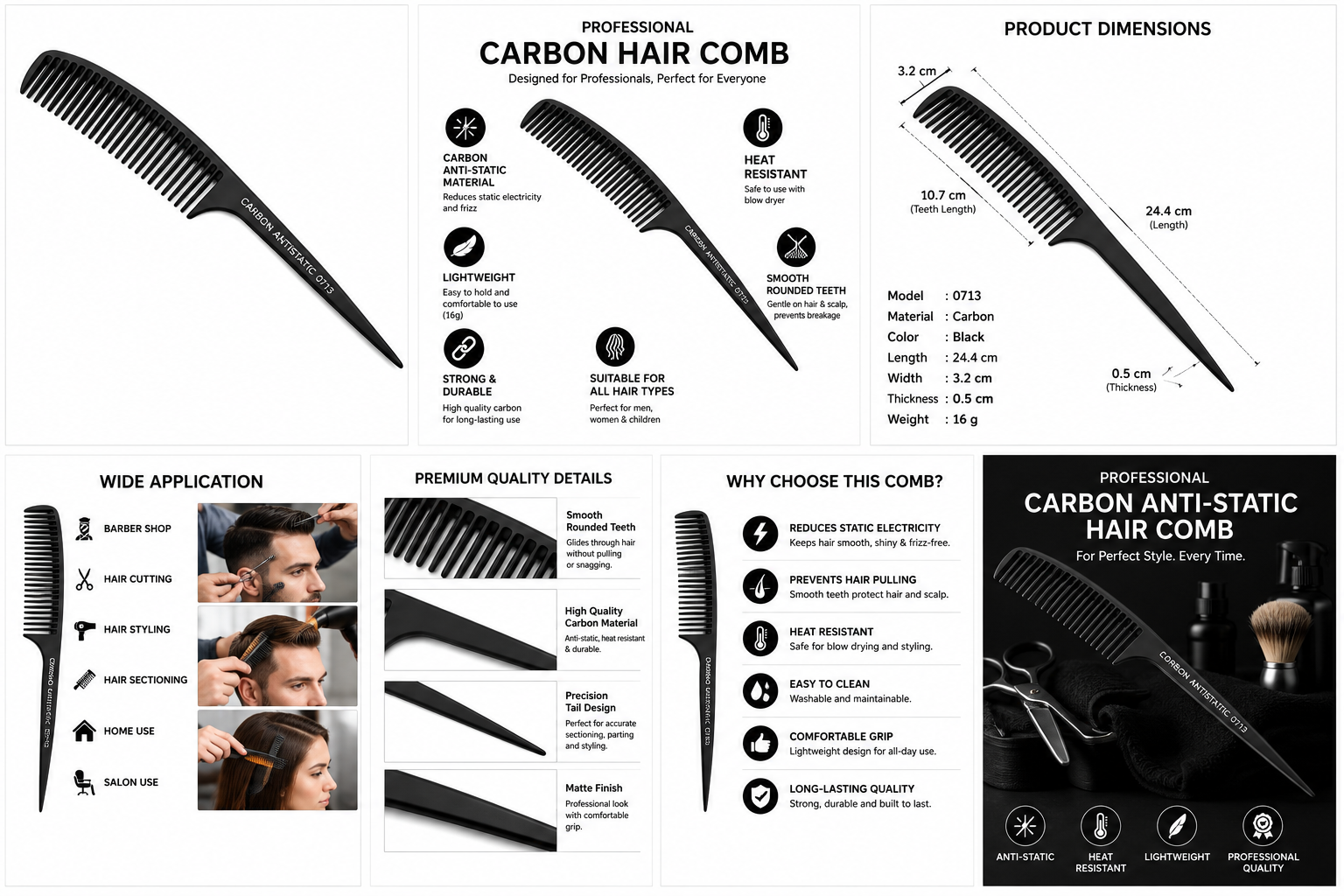 A product information sheet for a professional carbon hair comb, featuring multiple views of the black comb, dimension measurements, feature icons, and small lifestyle application photos on a white background.