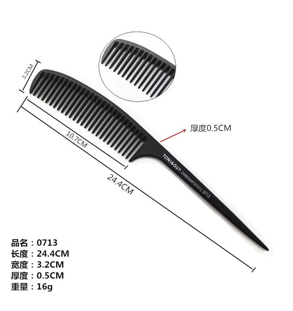 Black plastic hair comb shown on a white background with dimension lines, an inset close-up of the teeth, and Chinese text listing product details including length 24.4 cm, width 3.