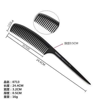 Black plastic hair comb shown on a white background with dimension lines, an inset close-up of the teeth, and Chinese text listing product details including length 24.4 cm, width 3.