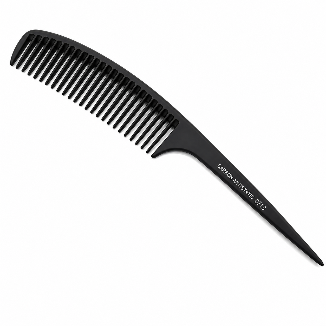 A black carbon fiber wide-tooth comb with white printed text reading 'CARBON ANTIATOMIC 0713' on the handle, shown against a plain white background.