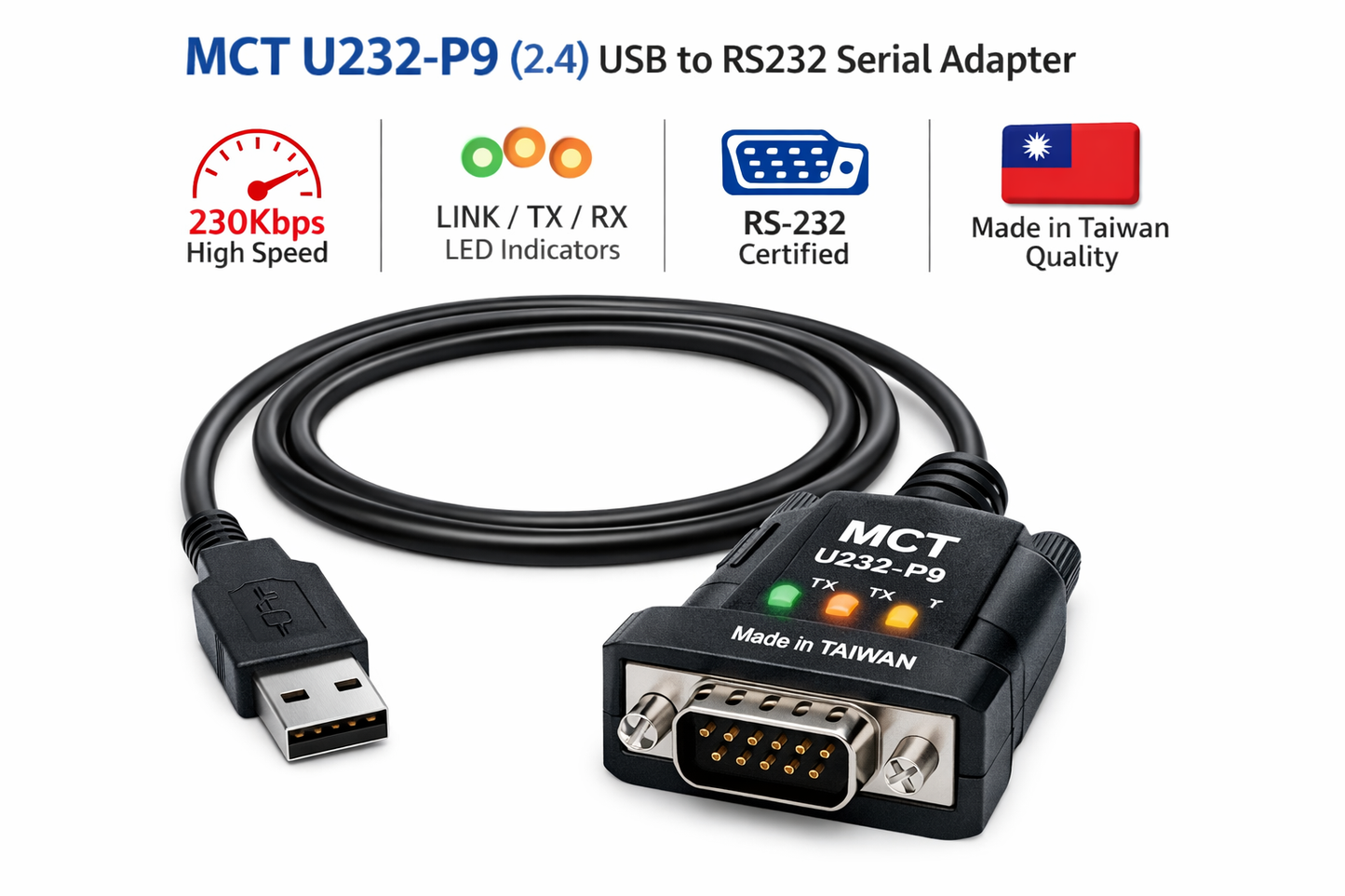 🔌 MCT U232-P9 USB to RS-232 DB9 Serial Adapter  High-Speed 230K | Certified USB to COM Port Converter