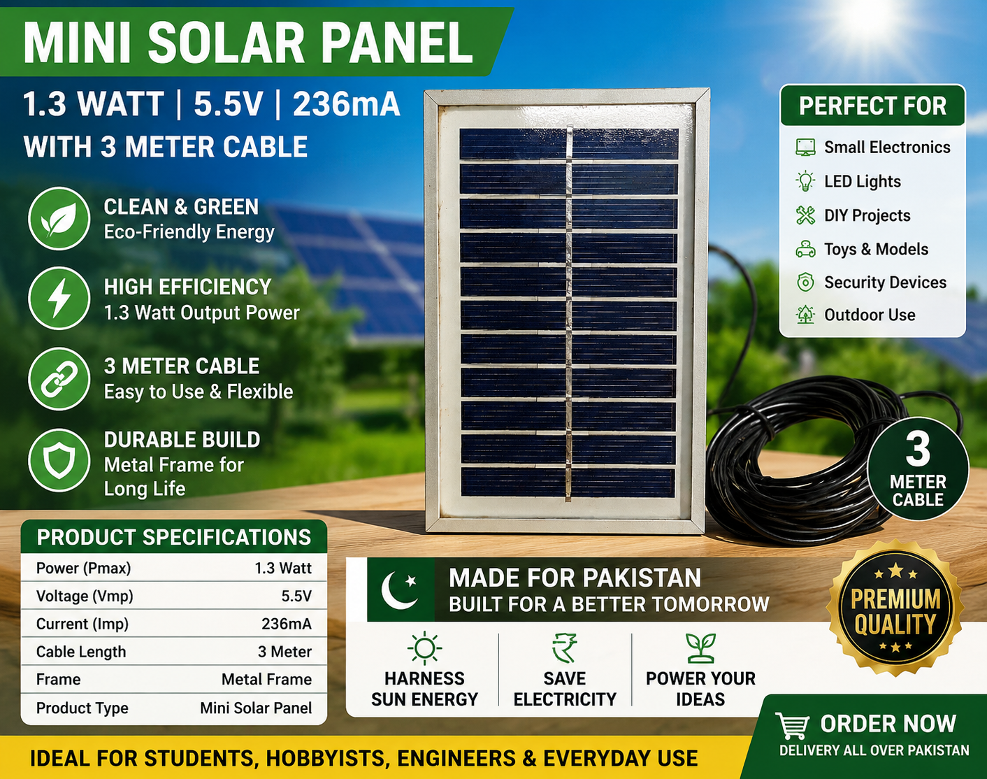 Mini Solar Panel 1.3W 5.5V 236mA with 3 Meter Copper Cable | Solid Metal Frame | Long Life Solar Power Module
