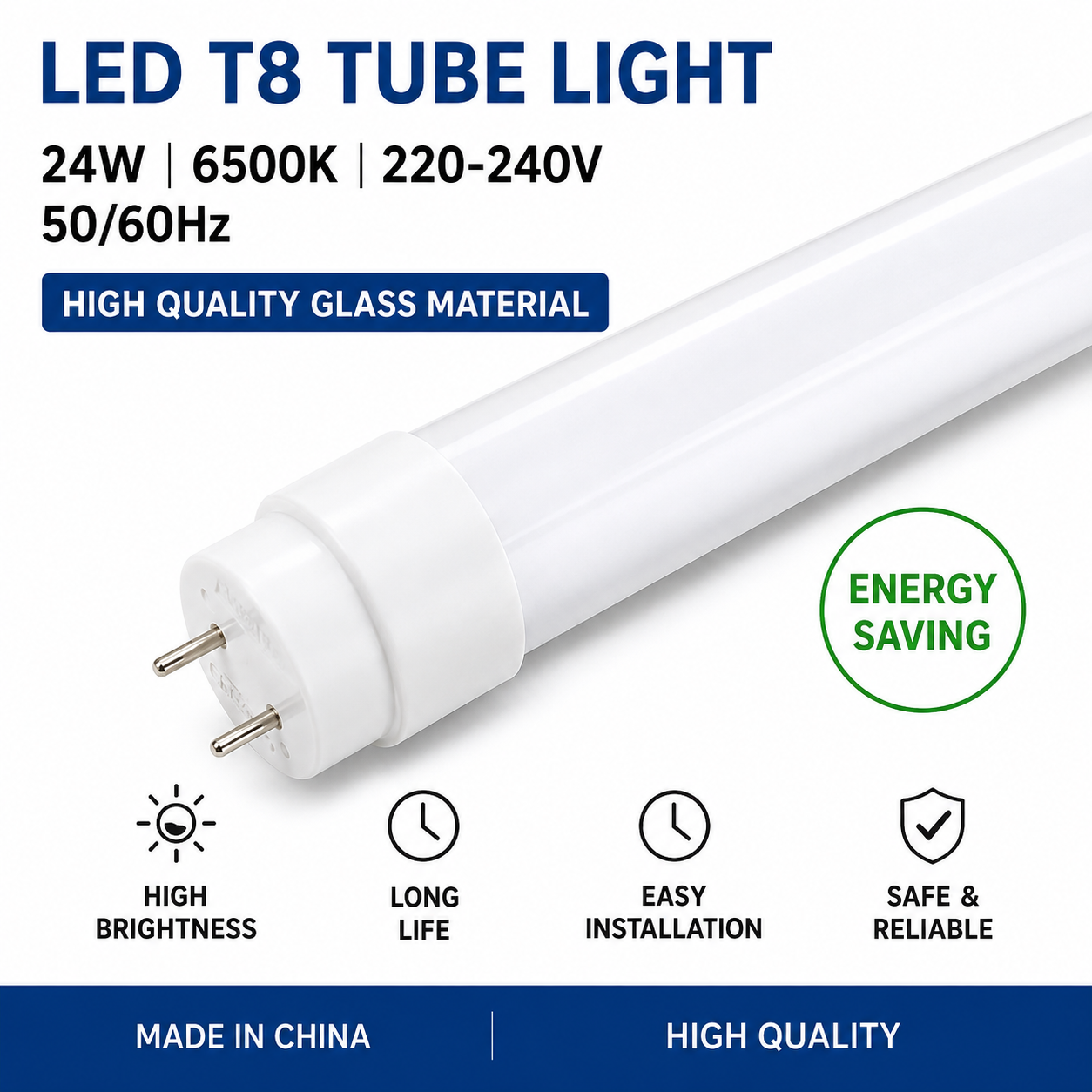 LED T8 Tube Light 48 Inch 4 Foot 24W 6500K Cool Daylight | Energy Saving High Brightness Glass Body LED Tube | 220-240V AC | Long Life Easy Installation