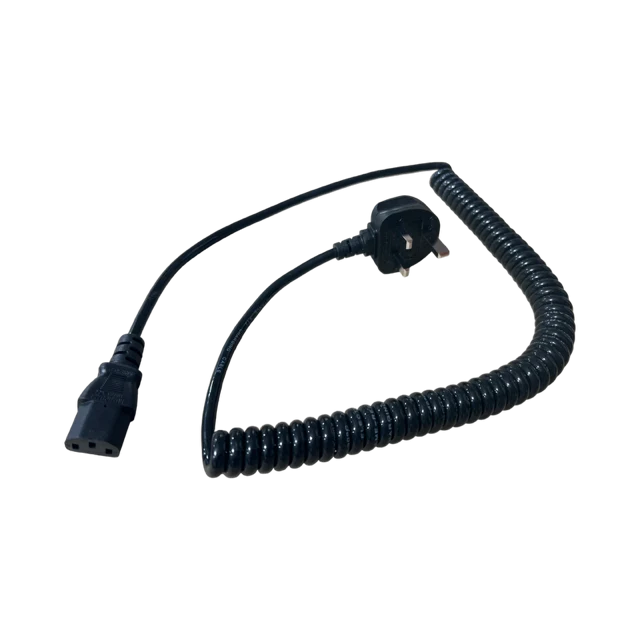 A black coiled extension cable with a UK three-pin wall plug and a female connector on the other end, shown on a plain white background.