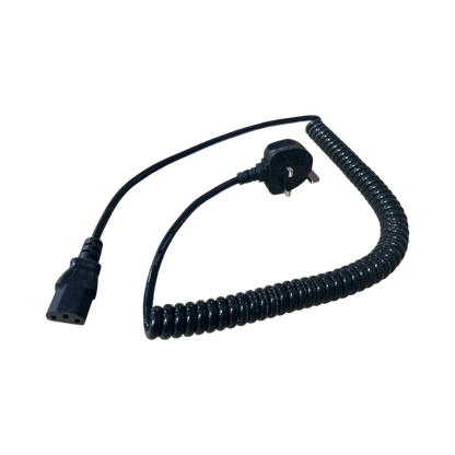 A black coiled extension cable with a UK three-pin wall plug and a female connector on the other end, shown on a plain white background.