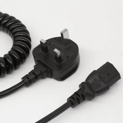 Coiled IEC C13 to UK 3-Pin Plug Spring Extension Power Cord for Computer, Monitor, Printer and UPS