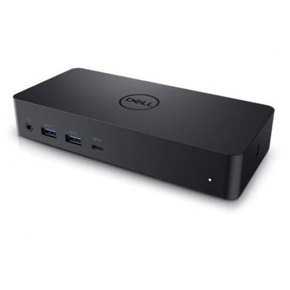 A black Dell hub or dock with multiple USB-A and USB-C ports, shown from a three-quarters perspective on a white background.